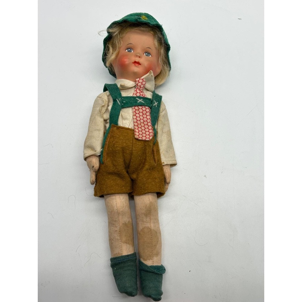 Vtg 13" German Cloth Doll W/ Painted Head Makers Marking Mohair Hair Lederhosen